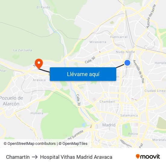Chamartín to Hospital Vithas Madrid Aravaca map