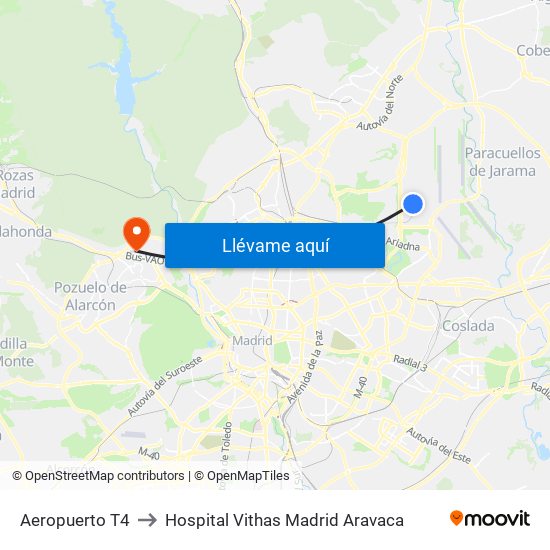 Aeropuerto T4 to Hospital Vithas Madrid Aravaca map