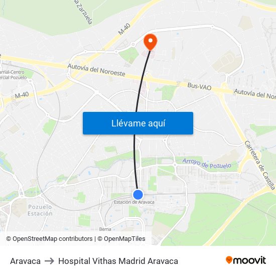 Aravaca to Hospital Vithas Madrid Aravaca map