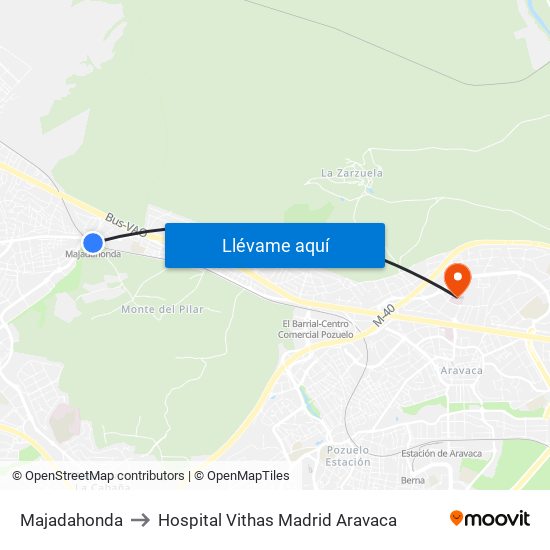 Majadahonda to Hospital Vithas Madrid Aravaca map