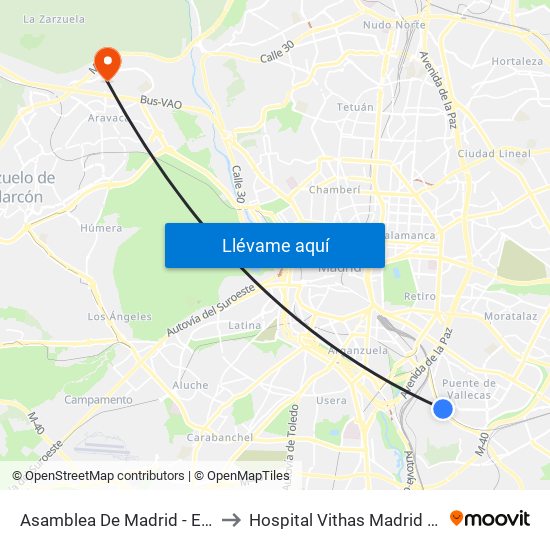 Asamblea De Madrid - Entrevías to Hospital Vithas Madrid Aravaca map