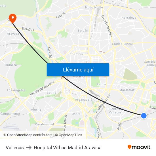 Vallecas to Hospital Vithas Madrid Aravaca map