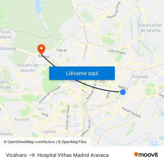 Vicálvaro to Hospital Vithas Madrid Aravaca map