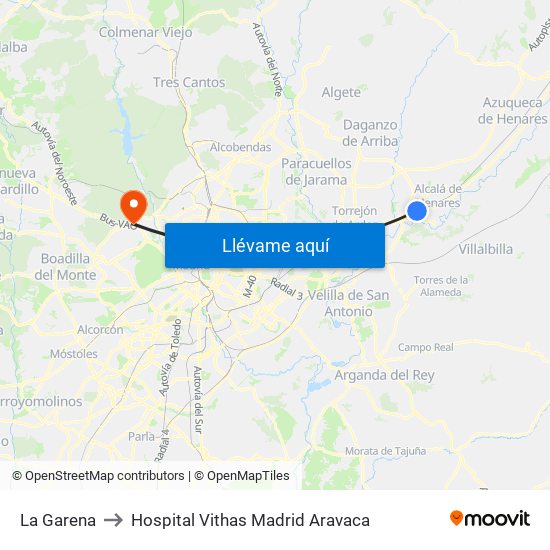 La Garena to Hospital Vithas Madrid Aravaca map