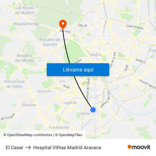 El Casar to Hospital Vithas Madrid Aravaca map