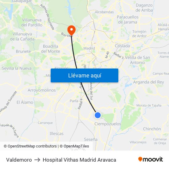 Valdemoro to Hospital Vithas Madrid Aravaca map