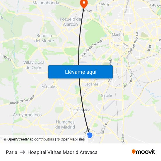 Parla to Hospital Vithas Madrid Aravaca map