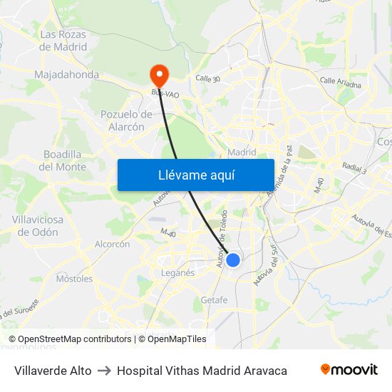 Villaverde Alto to Hospital Vithas Madrid Aravaca map