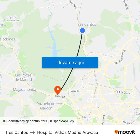 Tres Cantos to Hospital Vithas Madrid Aravaca map