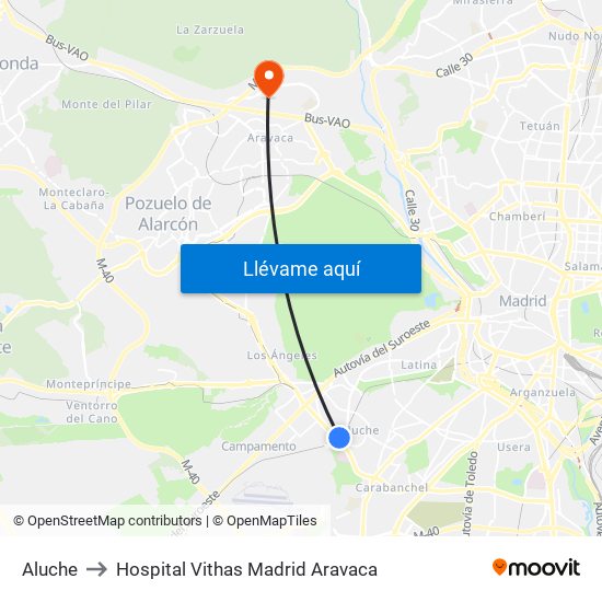 Aluche to Hospital Vithas Madrid Aravaca map