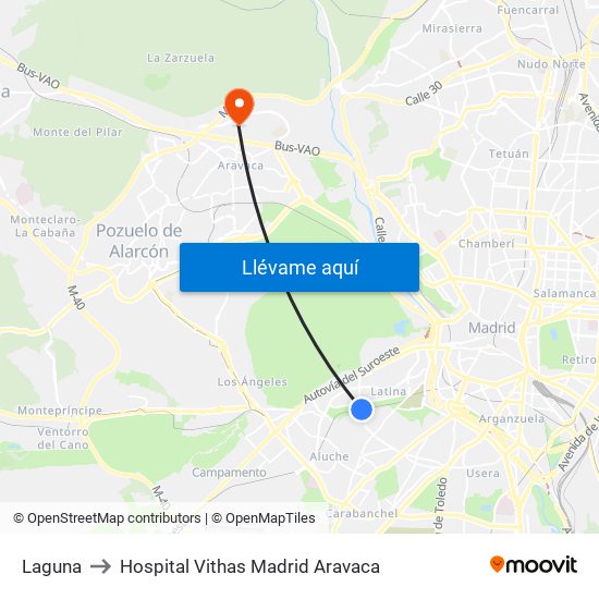 Laguna to Hospital Vithas Madrid Aravaca map