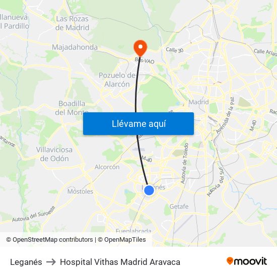 Leganés to Hospital Vithas Madrid Aravaca map