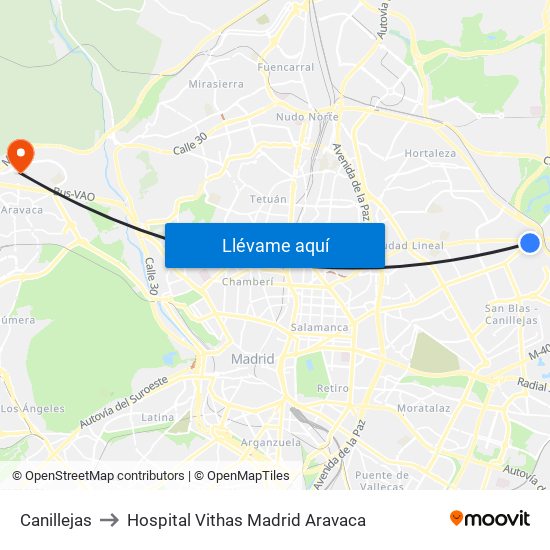 Canillejas to Hospital Vithas Madrid Aravaca map