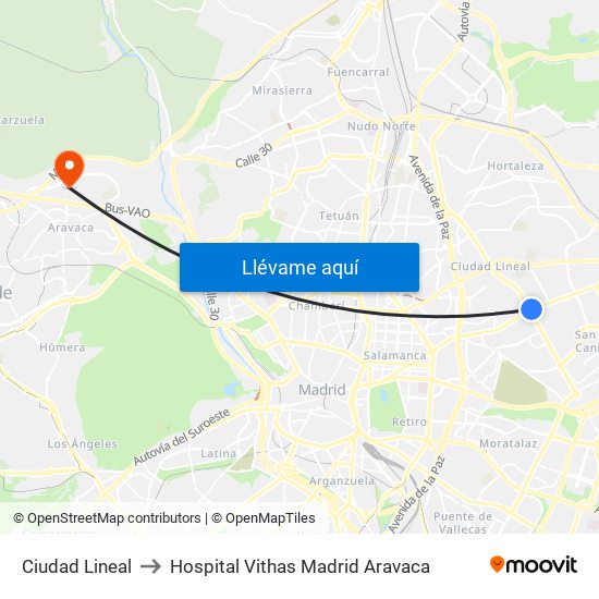 Ciudad Lineal to Hospital Vithas Madrid Aravaca map