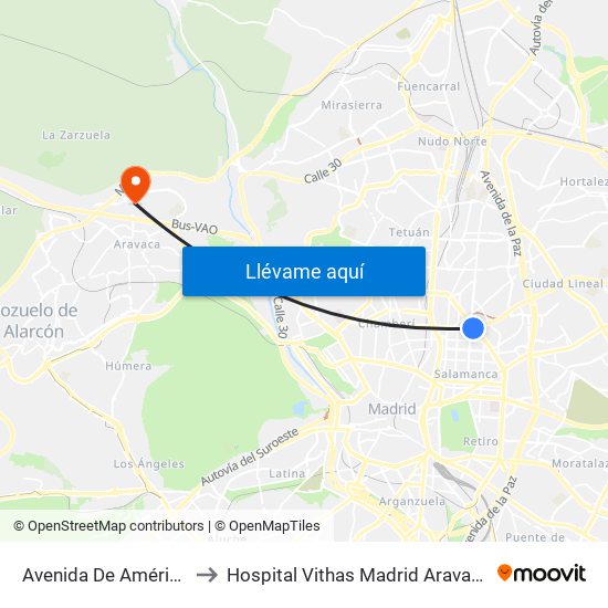 Avenida De América to Hospital Vithas Madrid Aravaca map