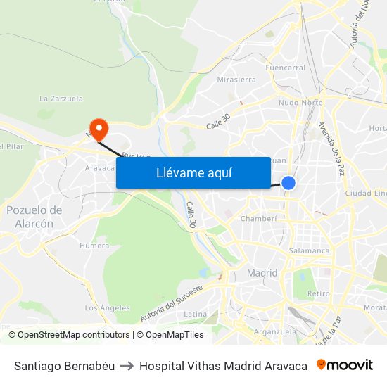Santiago Bernabéu to Hospital Vithas Madrid Aravaca map