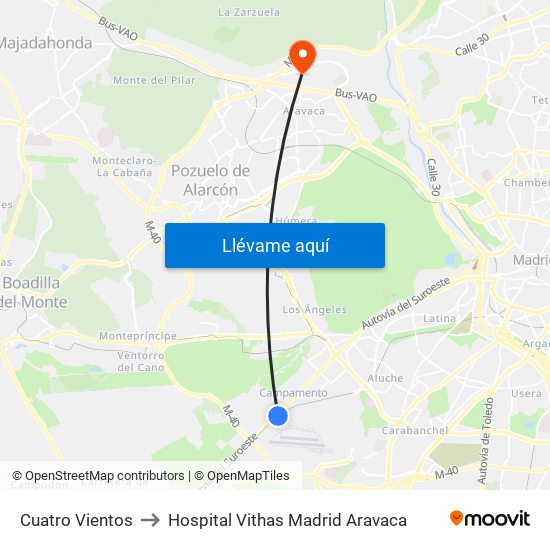 Cuatro Vientos to Hospital Vithas Madrid Aravaca map