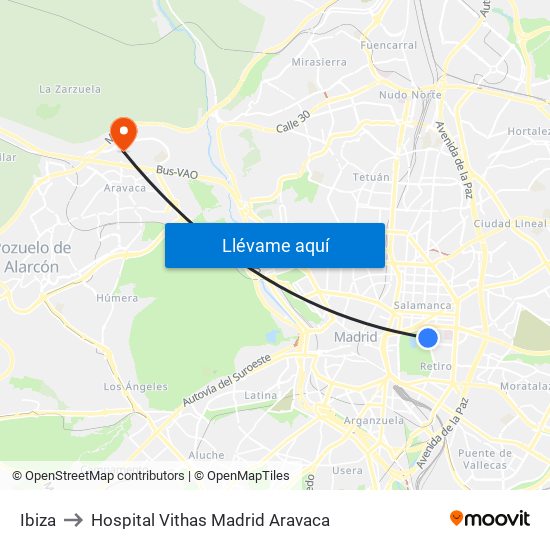 Ibiza to Hospital Vithas Madrid Aravaca map