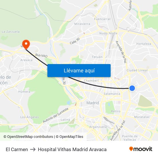 El Carmen to Hospital Vithas Madrid Aravaca map
