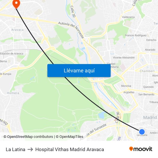 La Latina to Hospital Vithas Madrid Aravaca map