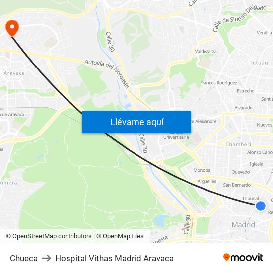 Chueca to Hospital Vithas Madrid Aravaca map