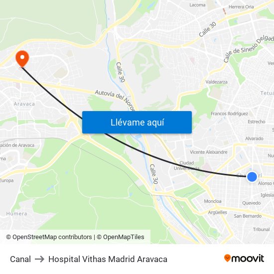 Canal to Hospital Vithas Madrid Aravaca map