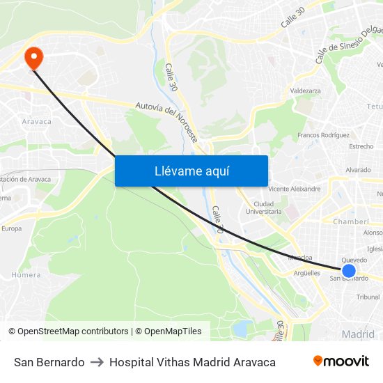 San Bernardo to Hospital Vithas Madrid Aravaca map