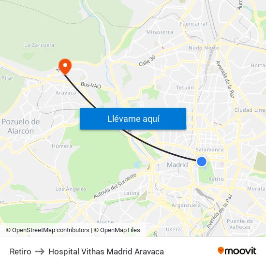 Retiro to Hospital Vithas Madrid Aravaca map