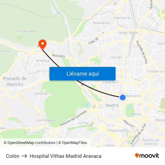 Colón to Hospital Vithas Madrid Aravaca map