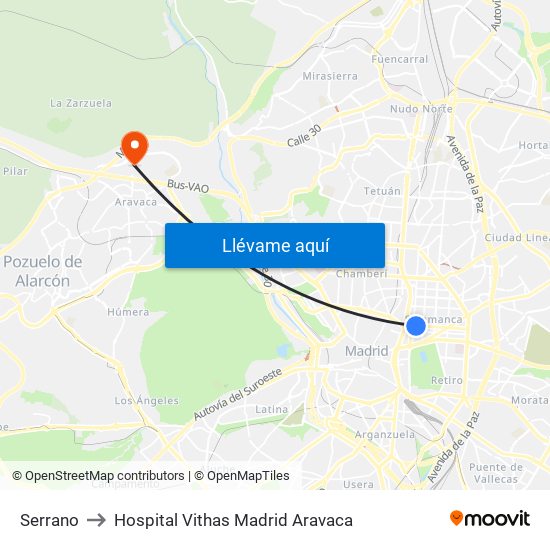 Serrano to Hospital Vithas Madrid Aravaca map