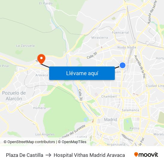 Plaza De Castilla to Hospital Vithas Madrid Aravaca map