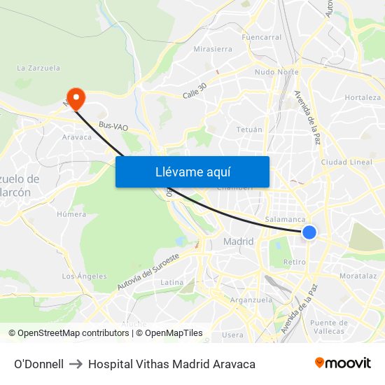 O'Donnell to Hospital Vithas Madrid Aravaca map