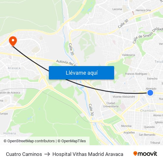 Cuatro Caminos to Hospital Vithas Madrid Aravaca map