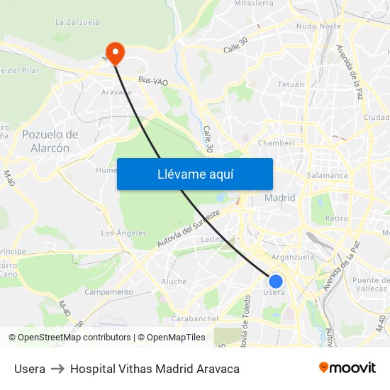 Usera to Hospital Vithas Madrid Aravaca map