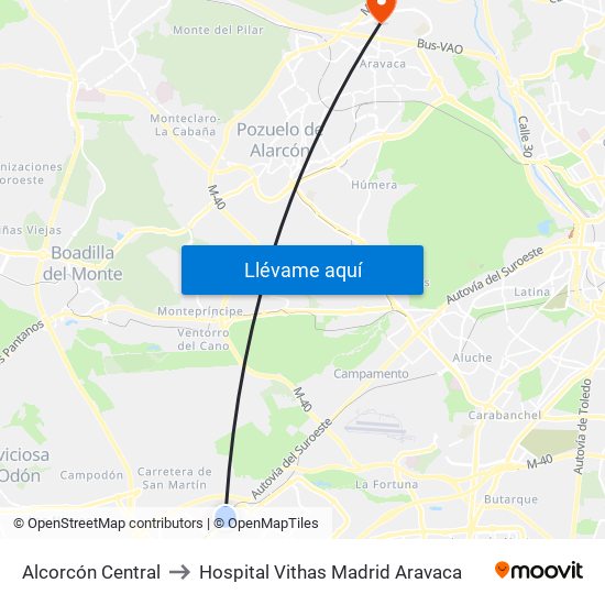 Alcorcón Central to Hospital Vithas Madrid Aravaca map