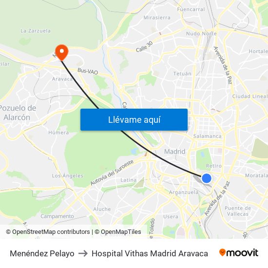 Menéndez Pelayo to Hospital Vithas Madrid Aravaca map