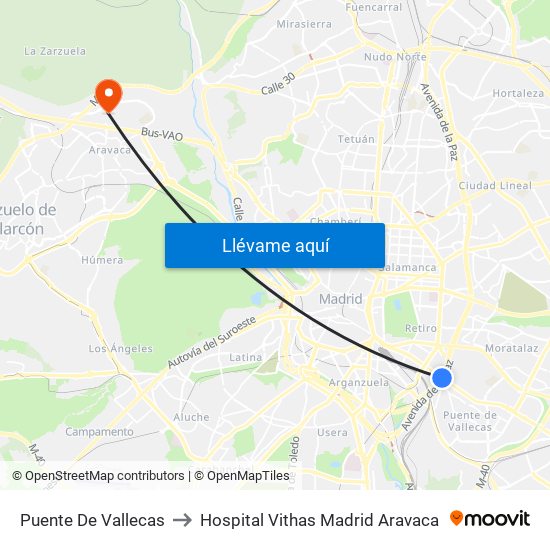 Puente De Vallecas to Hospital Vithas Madrid Aravaca map