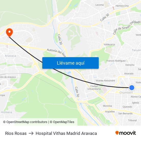 Ríos Rosas to Hospital Vithas Madrid Aravaca map