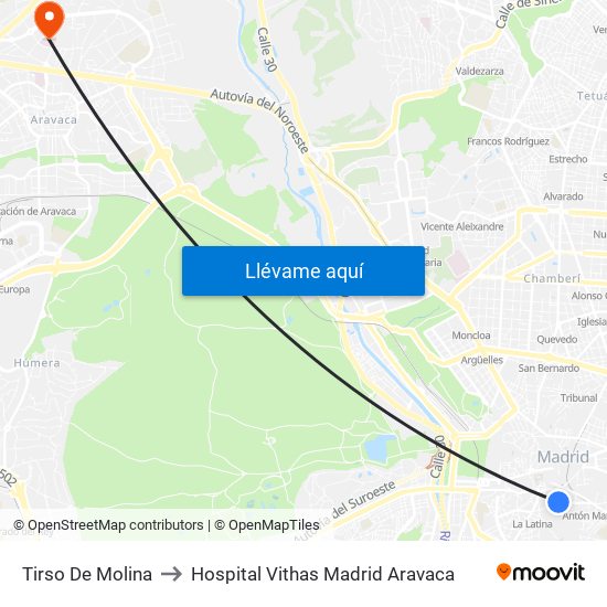 Tirso De Molina to Hospital Vithas Madrid Aravaca map