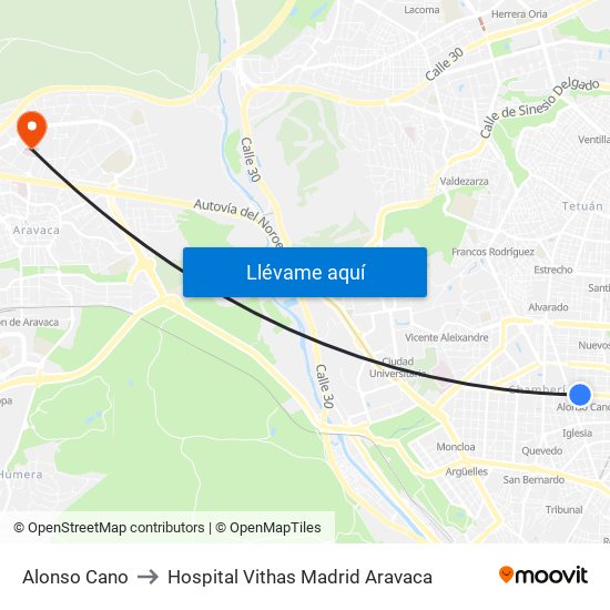 Alonso Cano to Hospital Vithas Madrid Aravaca map