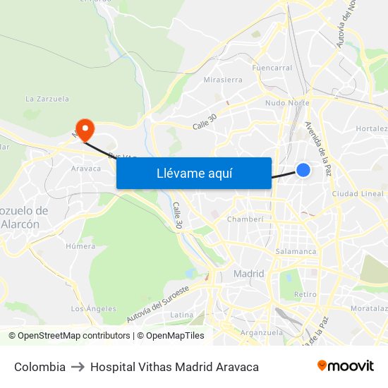 Colombia to Hospital Vithas Madrid Aravaca map