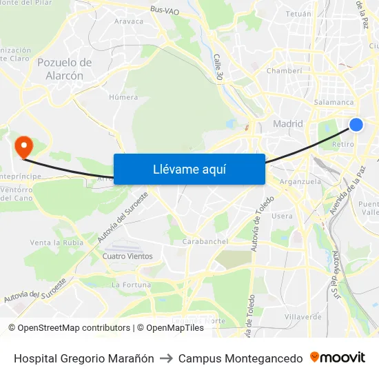 Hospital Gregorio Marañón to Campus Montegancedo map