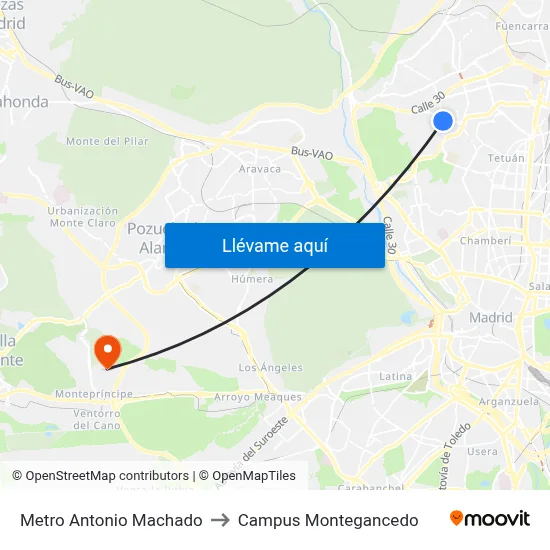 Metro Antonio Machado to Campus Montegancedo map