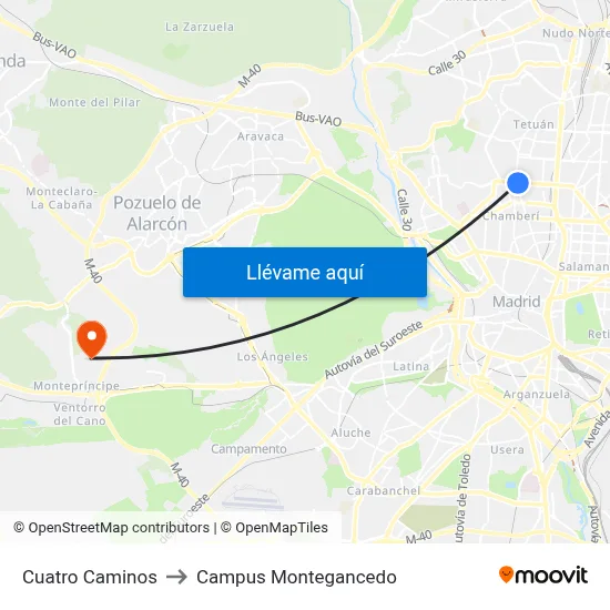 Cuatro Caminos to Campus Montegancedo map