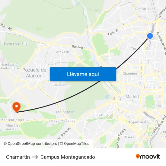 Chamartín to Campus Montegancedo map