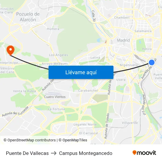 Puente De Vallecas to Campus Montegancedo map