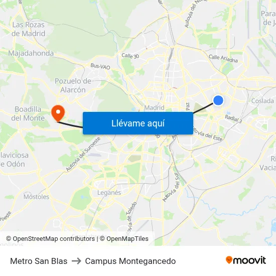 Metro San Blas to Campus Montegancedo map