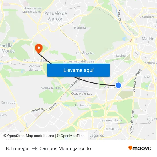Belzunegui to Campus Montegancedo map