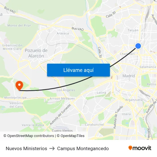 Nuevos Ministerios to Campus Montegancedo map