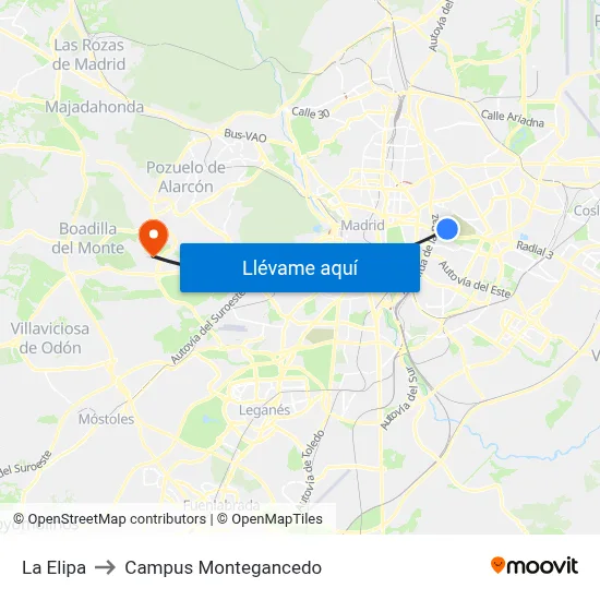 La Elipa to Campus Montegancedo map
